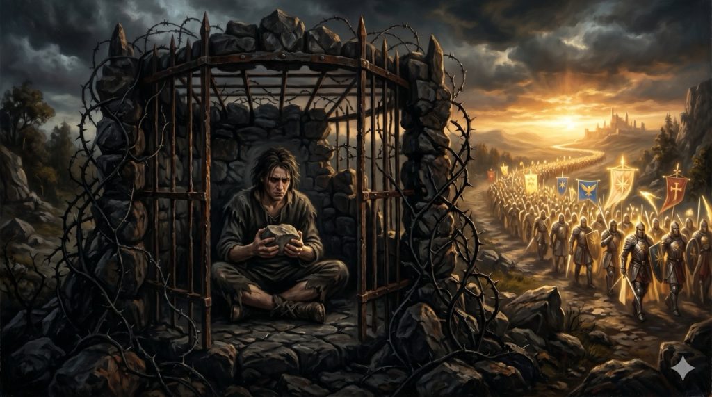 A prisoner sits in a stone cell behind iron bars and barbed wire as a marching army approaches a distant castle at sunset.