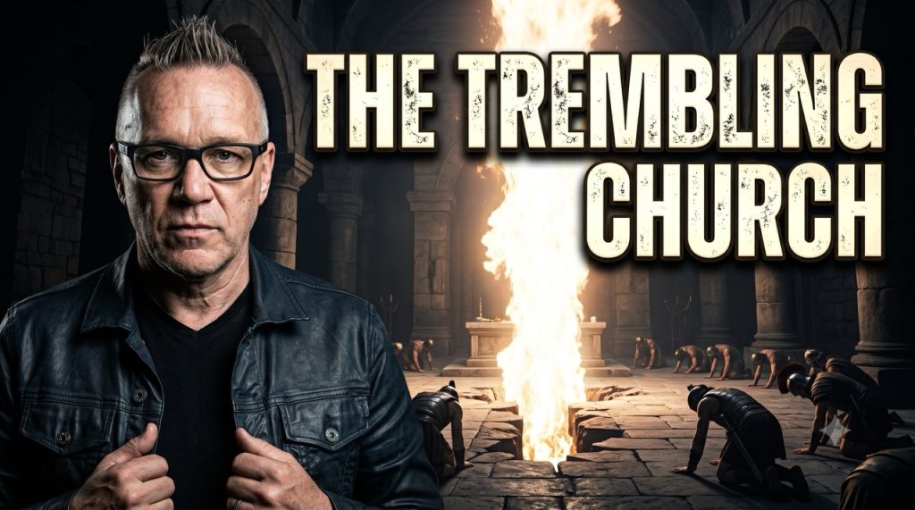 Man in a denim jacket and glasses stands at left inside a dark stone church as a tall fire erupts from the floor behind kneeling figures, with 'The Trembling Church' text above right.