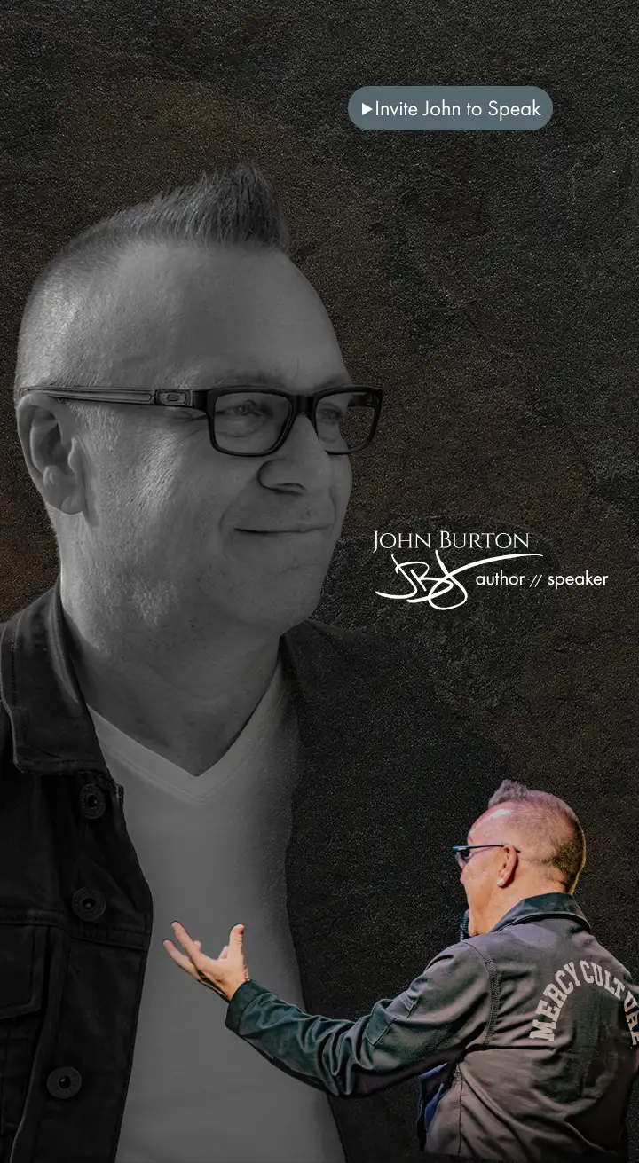 Grayscale portrait of John Burton, author and speaker, with a smaller figure reaching toward him; 'Invite John to Speak' prompt is visible.